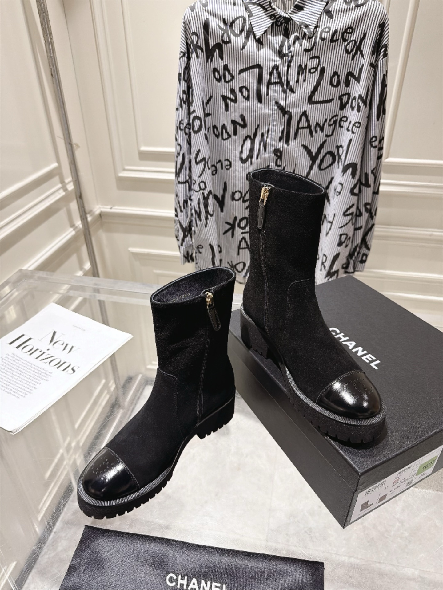 Chanel Black Cap-Toe Platform Mid-Calf Boots