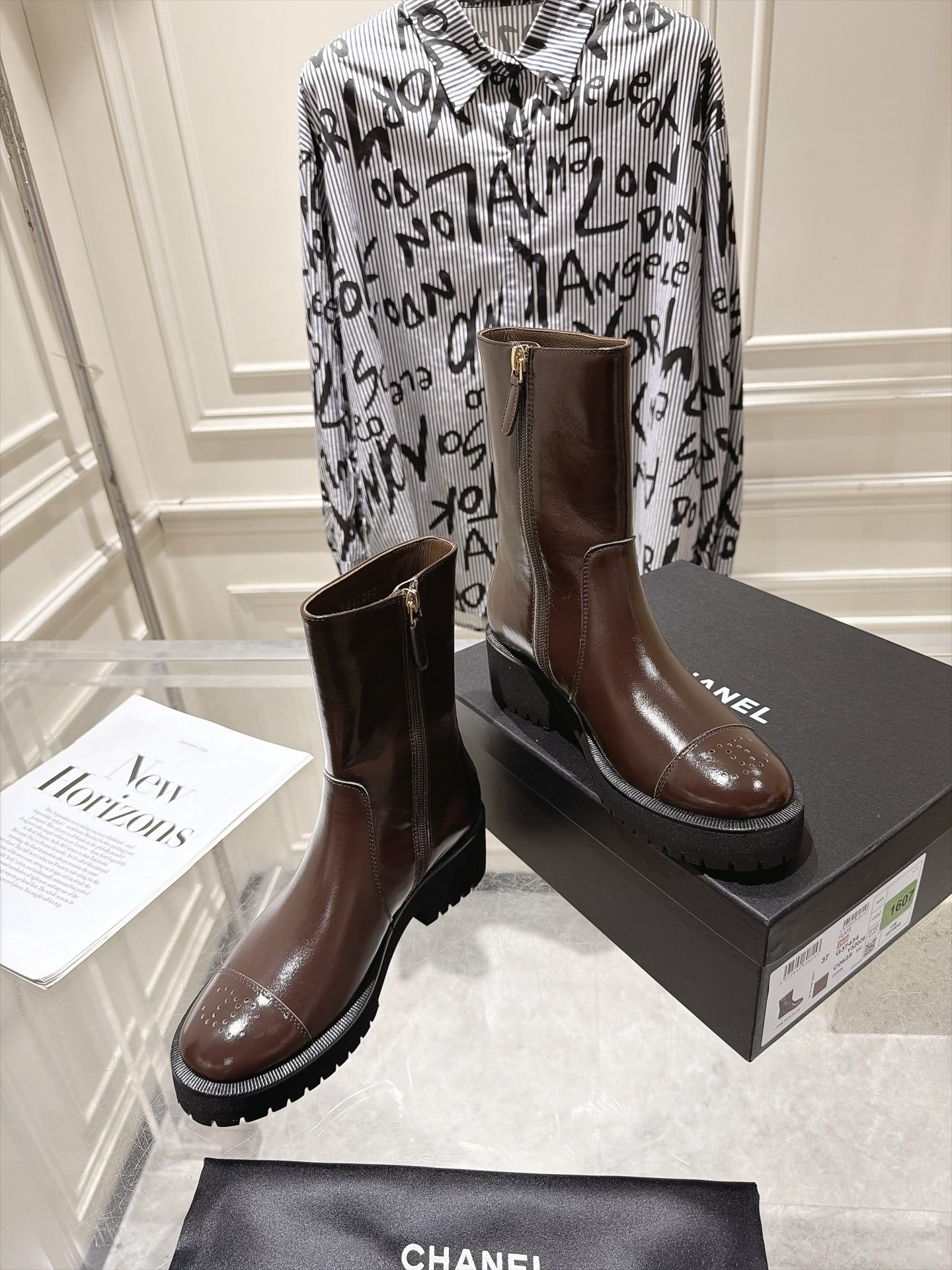 Chanel Brown Glossy Platform Mid-Calf Boots