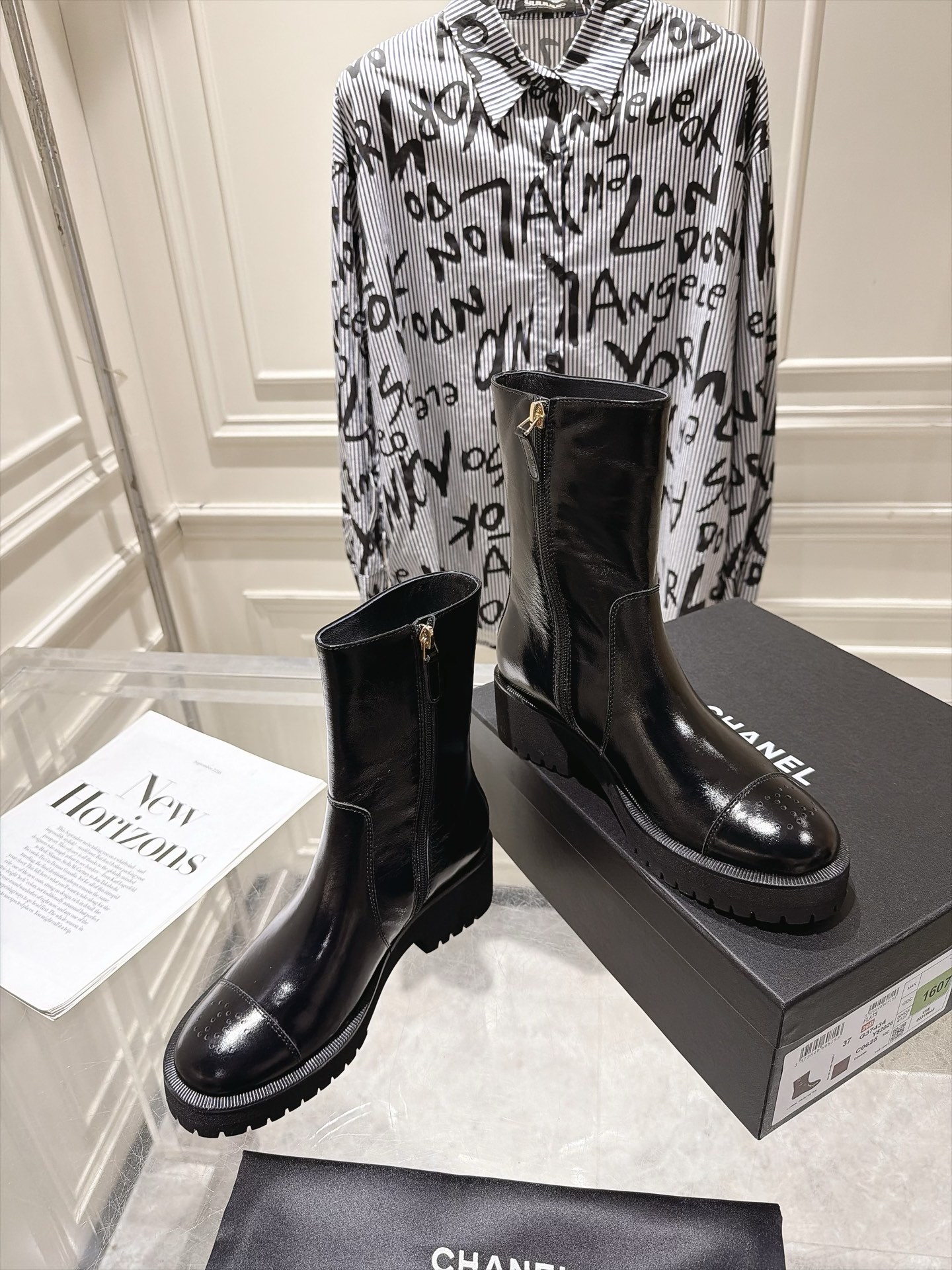 Chanel Black Glossy Platform Mid-Calf Boots