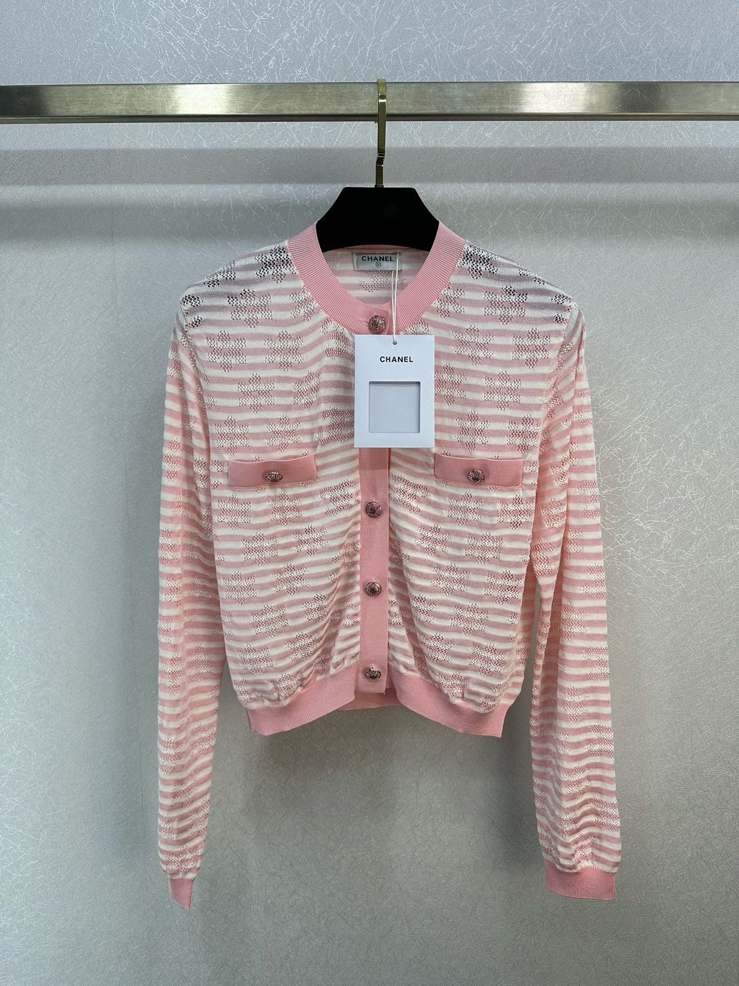 Chanel Clothing Cardigans Knit Sweater Pink White Openwork Knitting Spring Collection