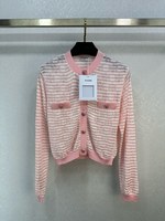 Chanel Clothing Cardigans Knit Sweater Pink White Openwork Knitting Spring Collection
