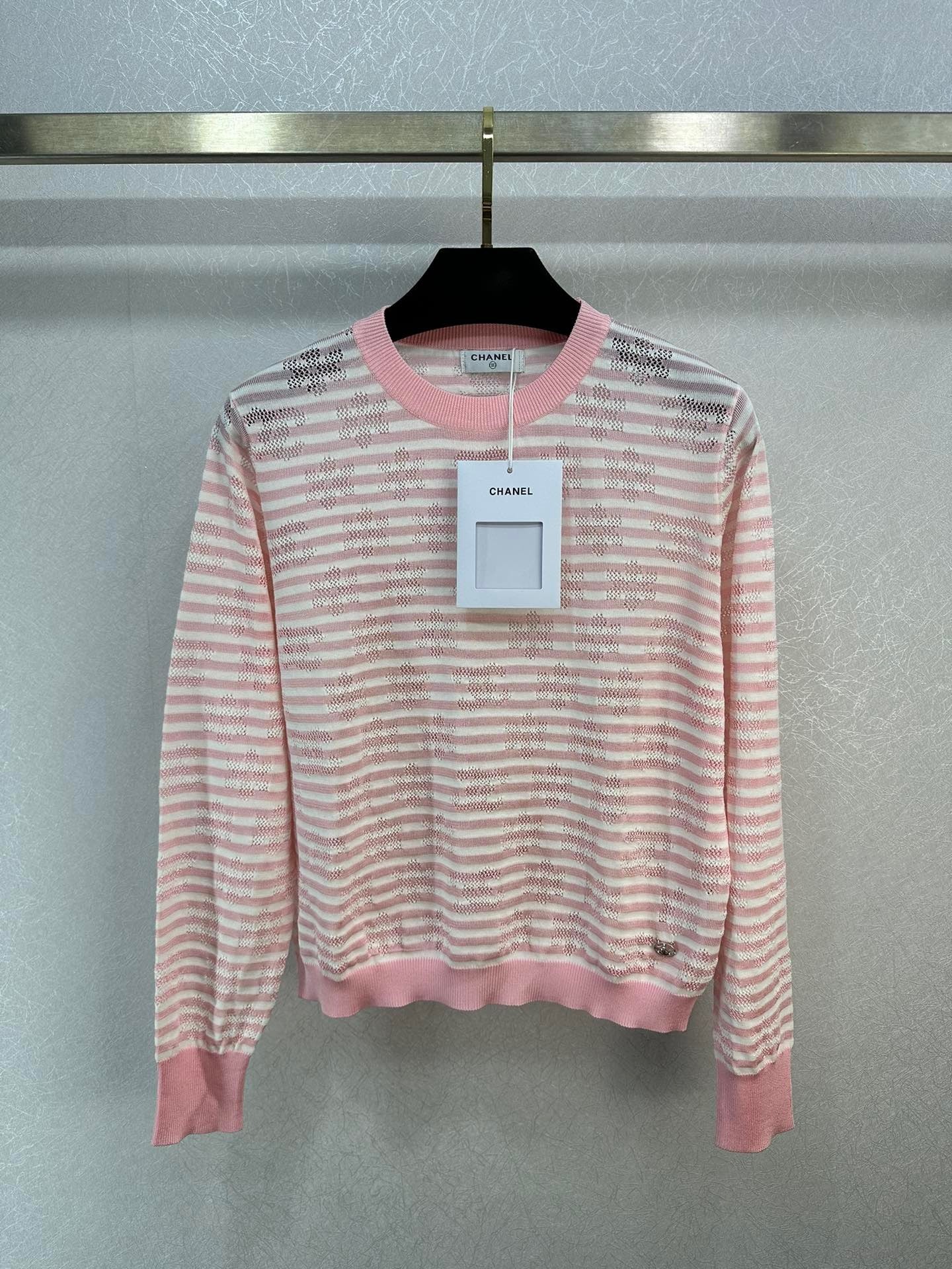 Chanel Clothing Knit Sweater Pink White Openwork Knitting Spring Collection