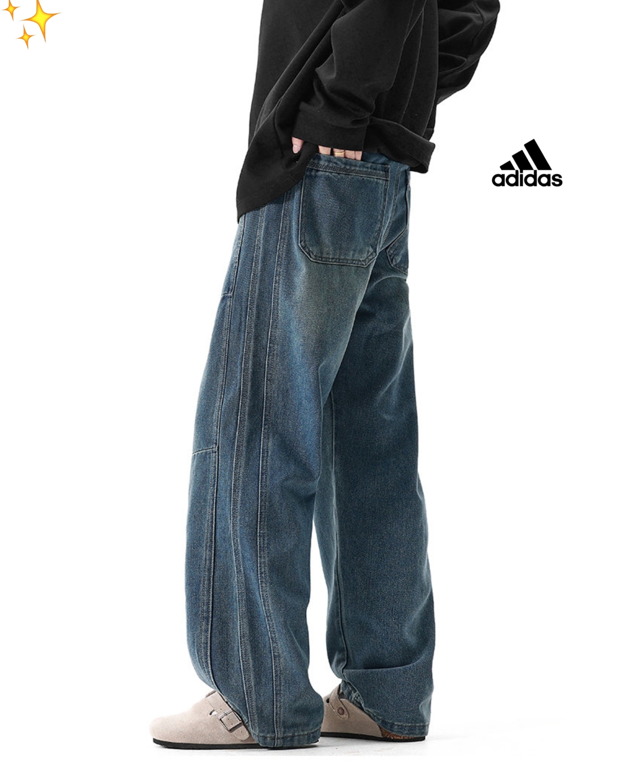  💰💰105
Adidas阿迪达斯 25早春抖音品质褶皱牛仔裤男潮宽松拖地长裤
最新顶级用料超柔高棉线条水洗牛仔面料！触感极致细腻，拿到手实物真心爱不释手，高级感满满！无敌奢华感！
细节细节再细节！最新首发主推款！全身简约大气设计，裤子后口袋采用高品质工艺 搭配松紧腰带极为精致！内里真材实料，只为极致触感，不牺高成本！
不管是自穿还是馈赠都是王者级之选！无压力驾驭任何大型商务场合以及高端私人会所！强烈推荐入手！  
颜色 ：  复古蓝  黑色                
尺码  ：M-4XL




















