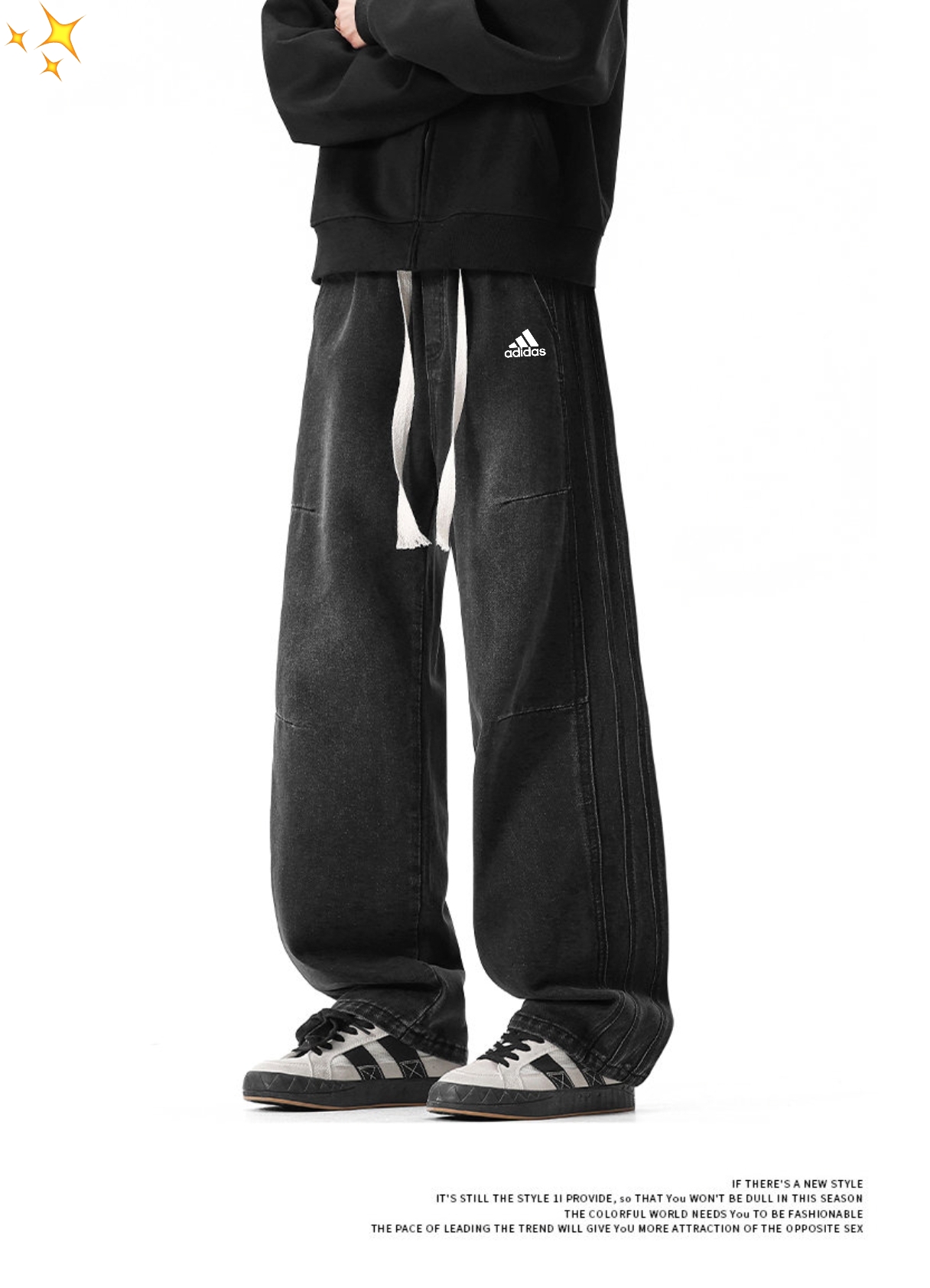  💰💰105
Adidas阿迪达斯 25早春抖音品质褶皱牛仔裤男潮宽松拖地长裤
最新顶级用料超柔高棉线条水洗牛仔面料！触感极致细腻，拿到手实物真心爱不释手，高级感满满！无敌奢华感！
细节细节再细节！最新首发主推款！全身简约大气设计，裤子后口袋采用高品质工艺 搭配松紧腰带极为精致！内里真材实料，只为极致触感，不牺高成本！
不管是自穿还是馈赠都是王者级之选！无压力驾驭任何大型商务场合以及高端私人会所！强烈推荐入手！  
颜色 ：  复古蓝  黑色                
尺码  ：M-4XL




















