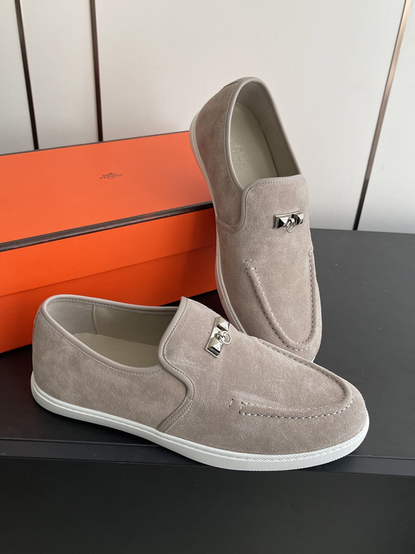 HERMÈS Destin Suede Loafers with Kelly Buckle