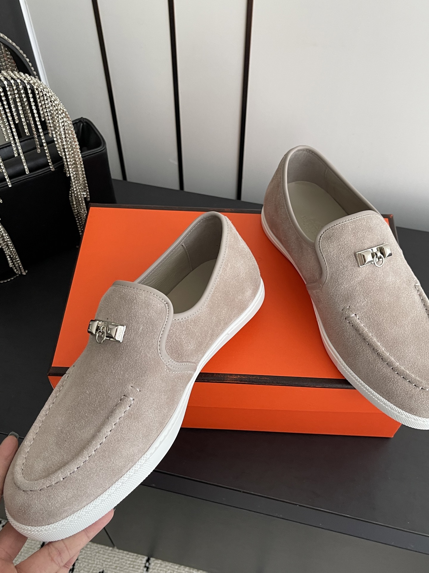 HERMÈS Destin Suede Loafers with Kelly Buckle
