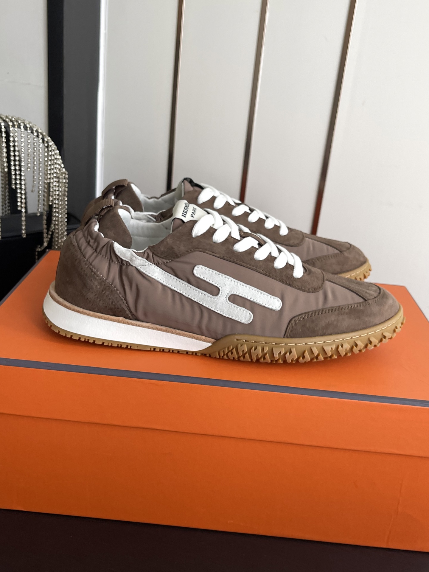 Hermes Brown and White Low Top Sneakers