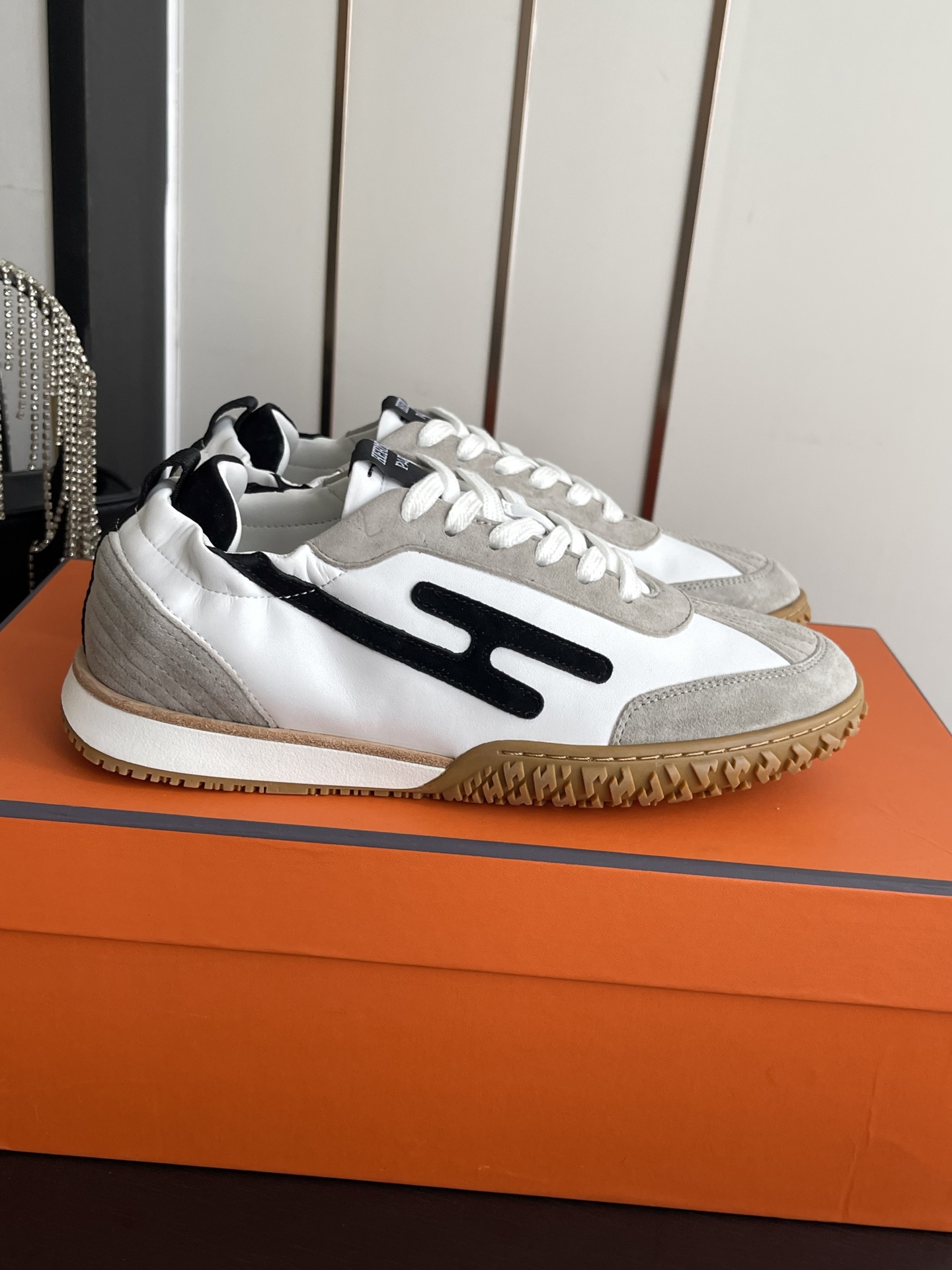 Hermes White and Black Low Top Sneakers