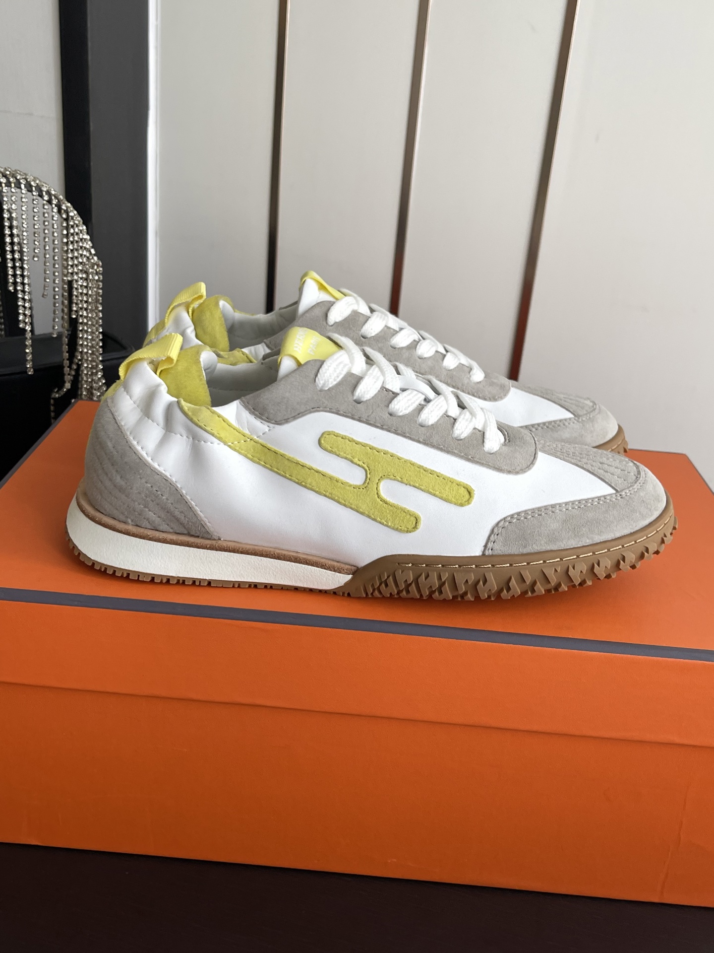 Hermes White and Yellow Low Top Sneakers
