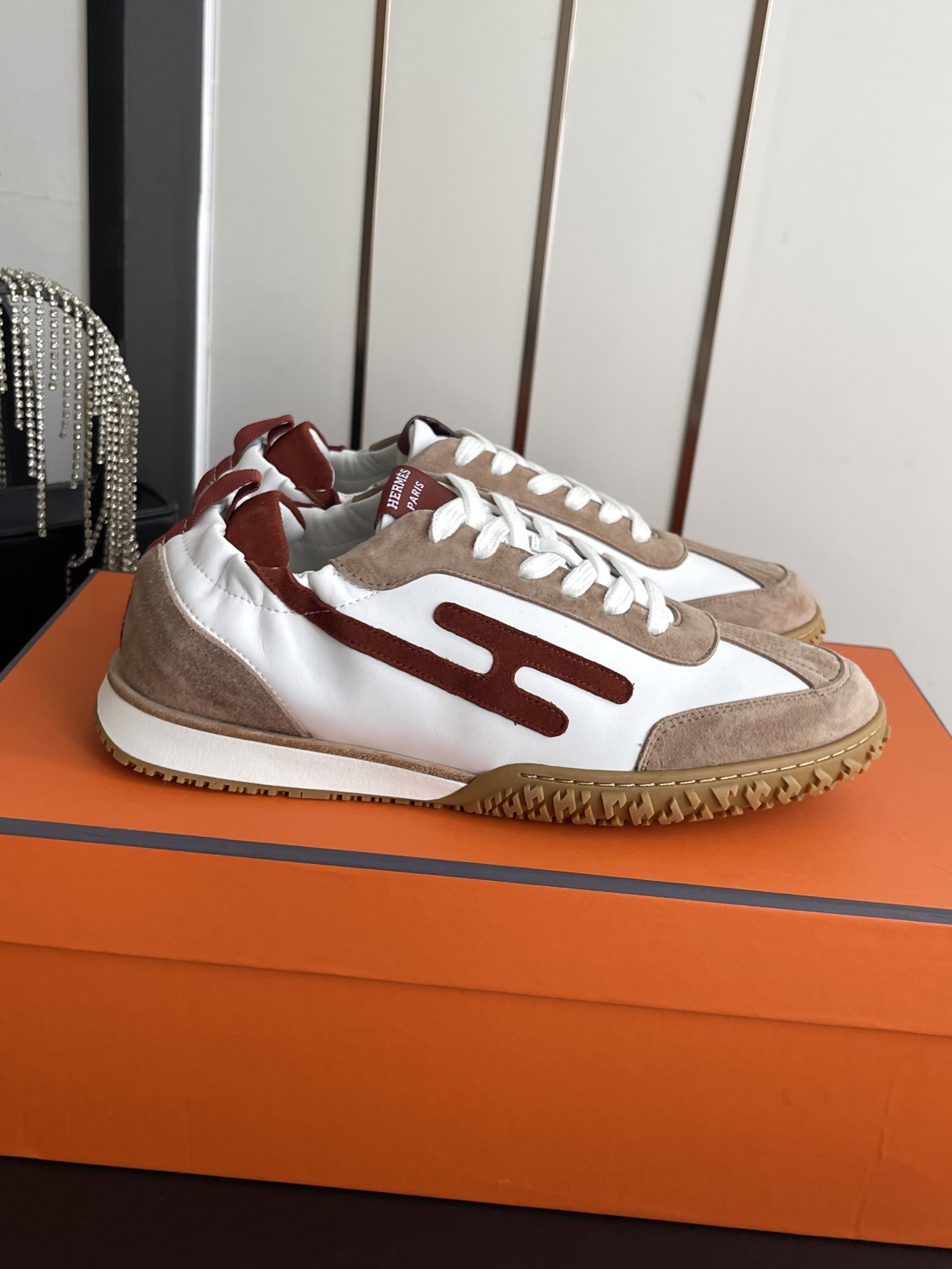 Hermes White and Burgundy Low Top Sneakers