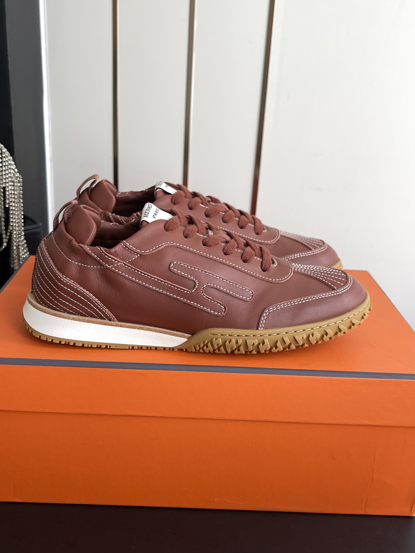 Hermes Brown Lace Up Sneakers