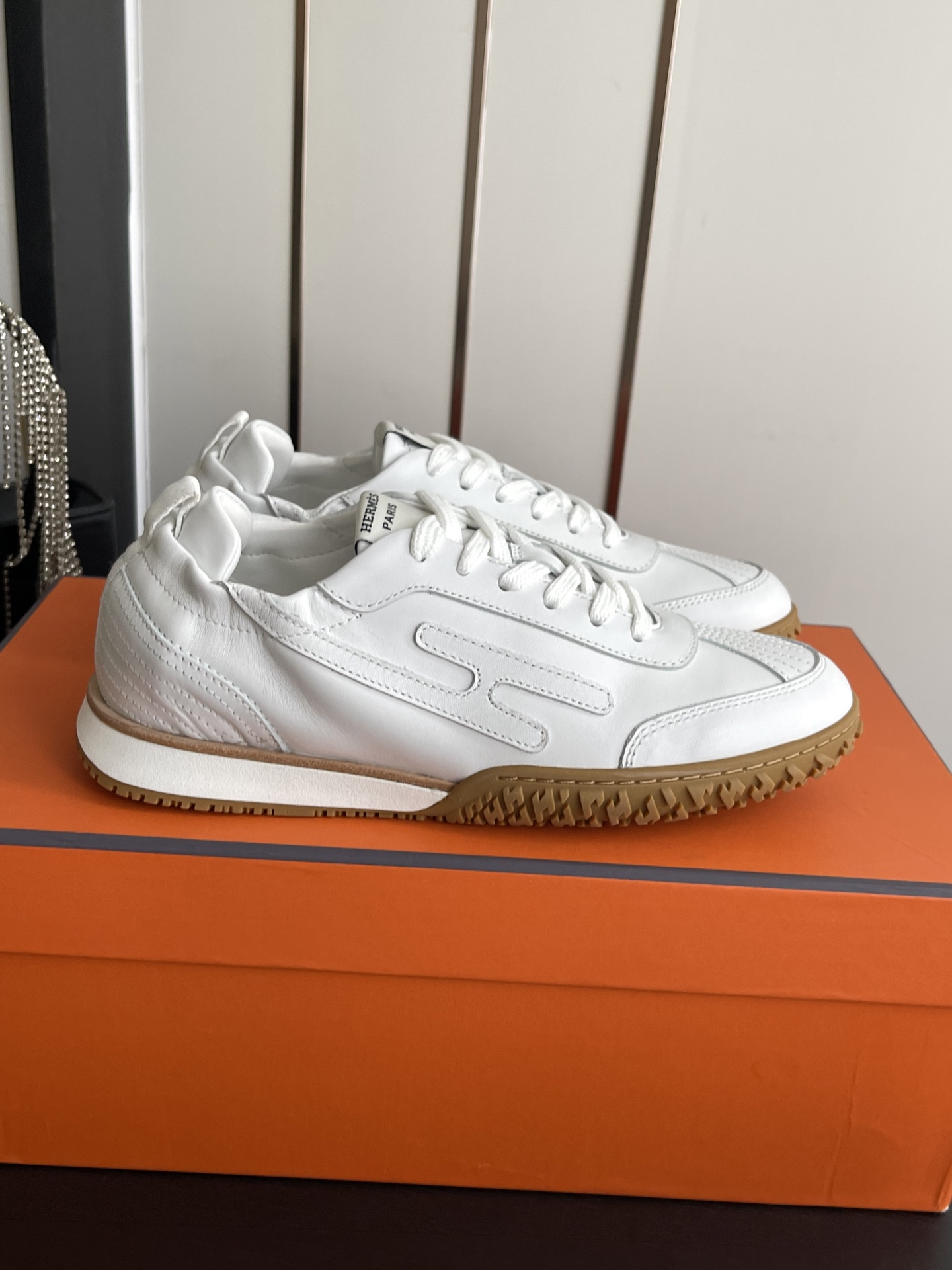 Hermes White Lace Up Sneakers
