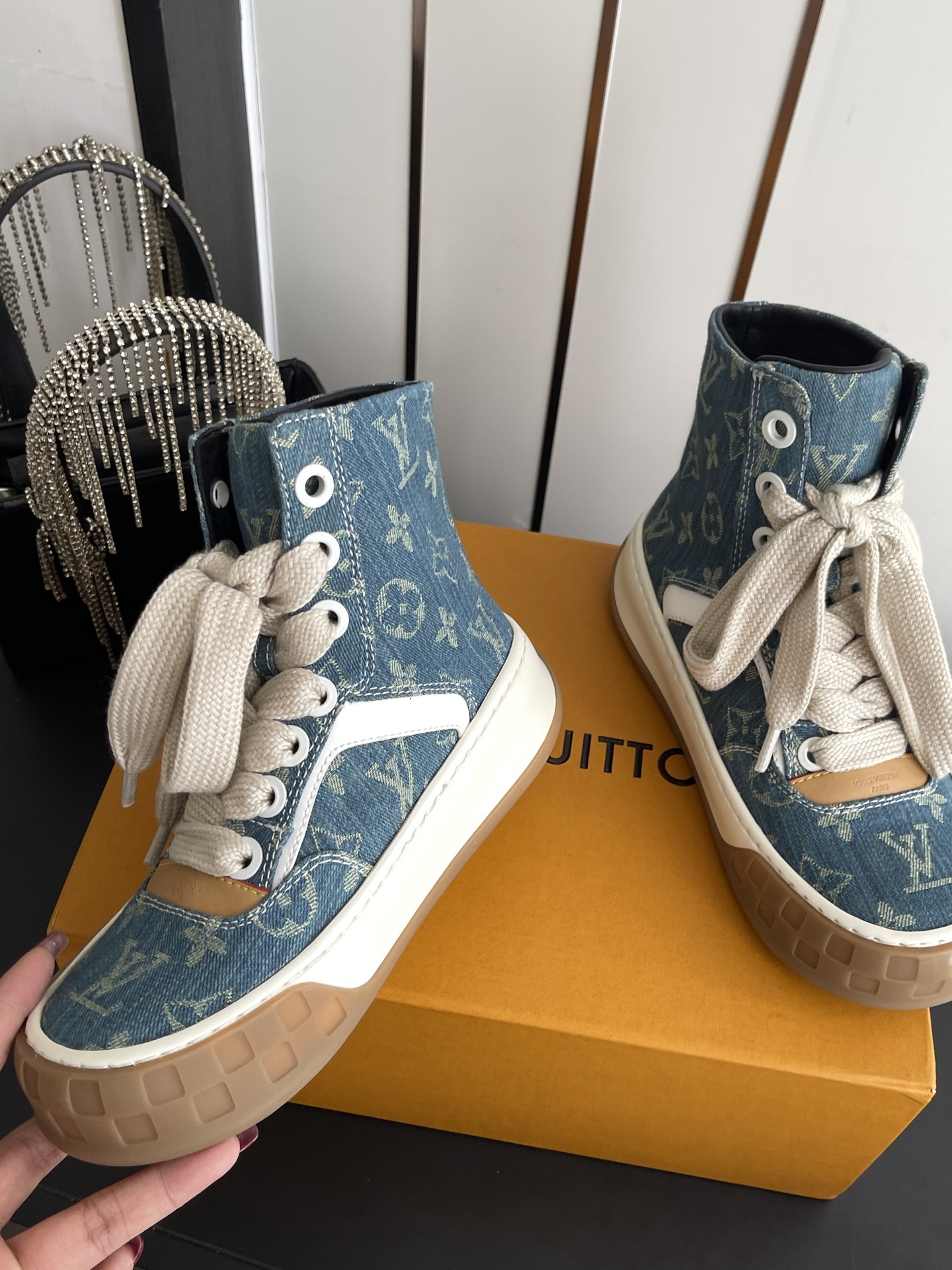 LV Monogram Denim High Top Canvas Sneakers