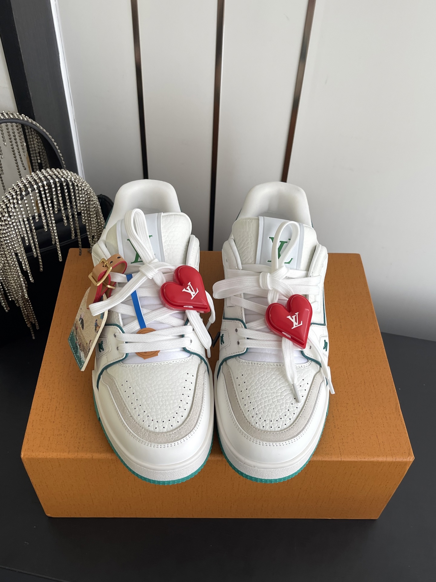LV Trainer White Green Leather Low Top Sneakers