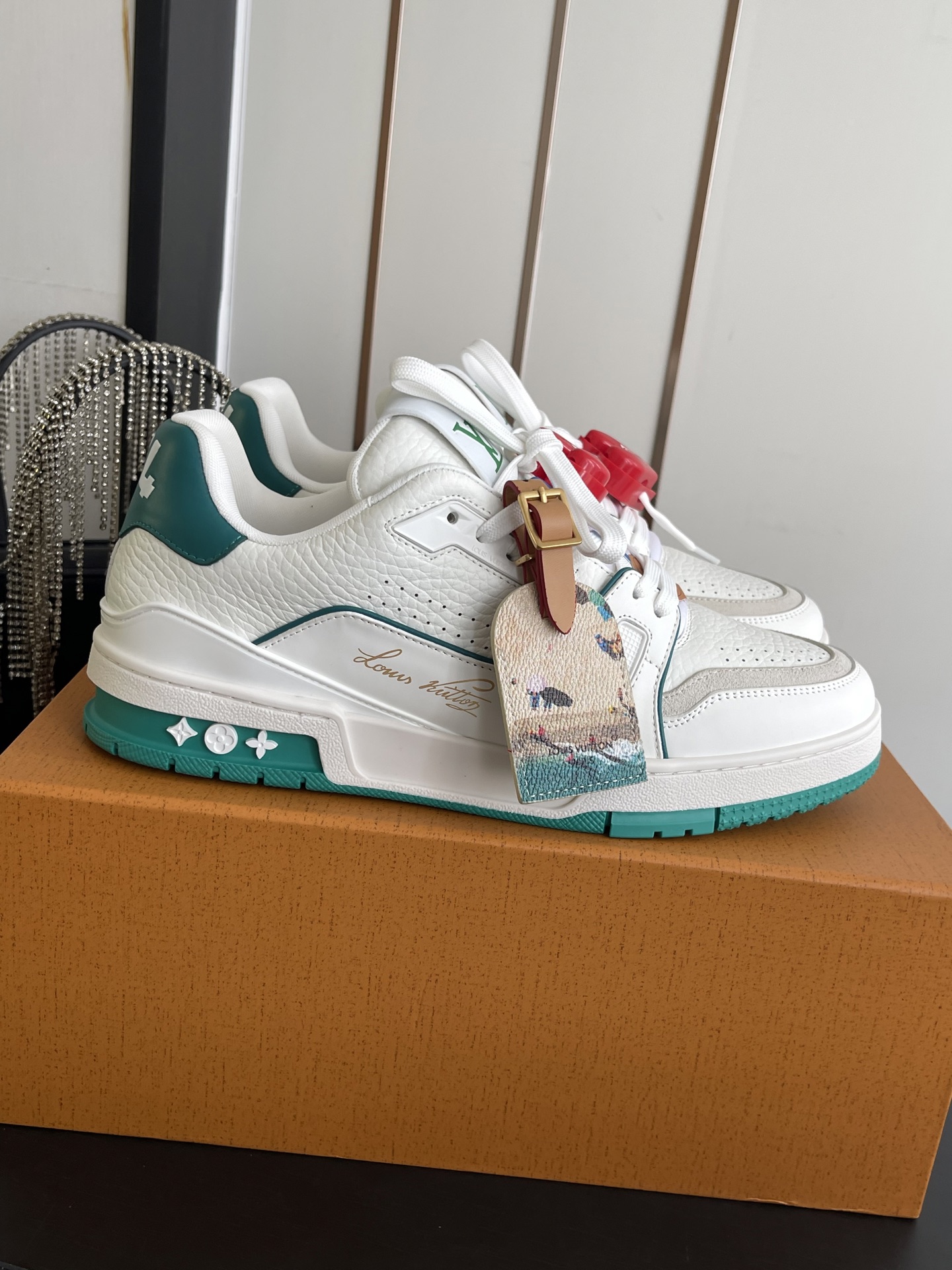 LV Trainer White Green Leather Low Top Sneakers