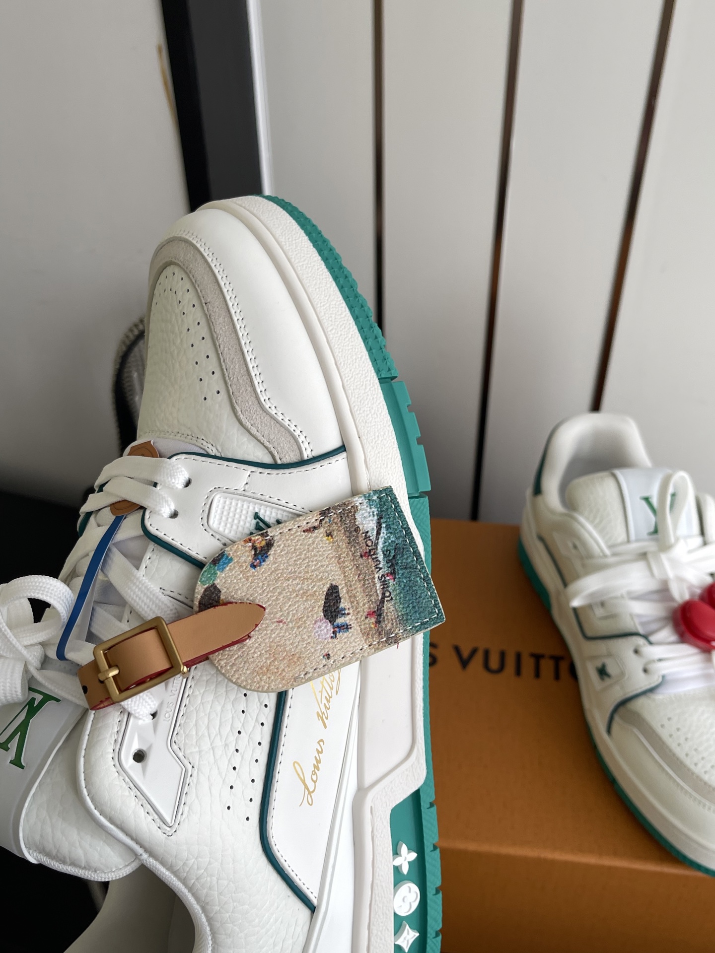 LV Trainer White Green Leather Low Top Sneakers