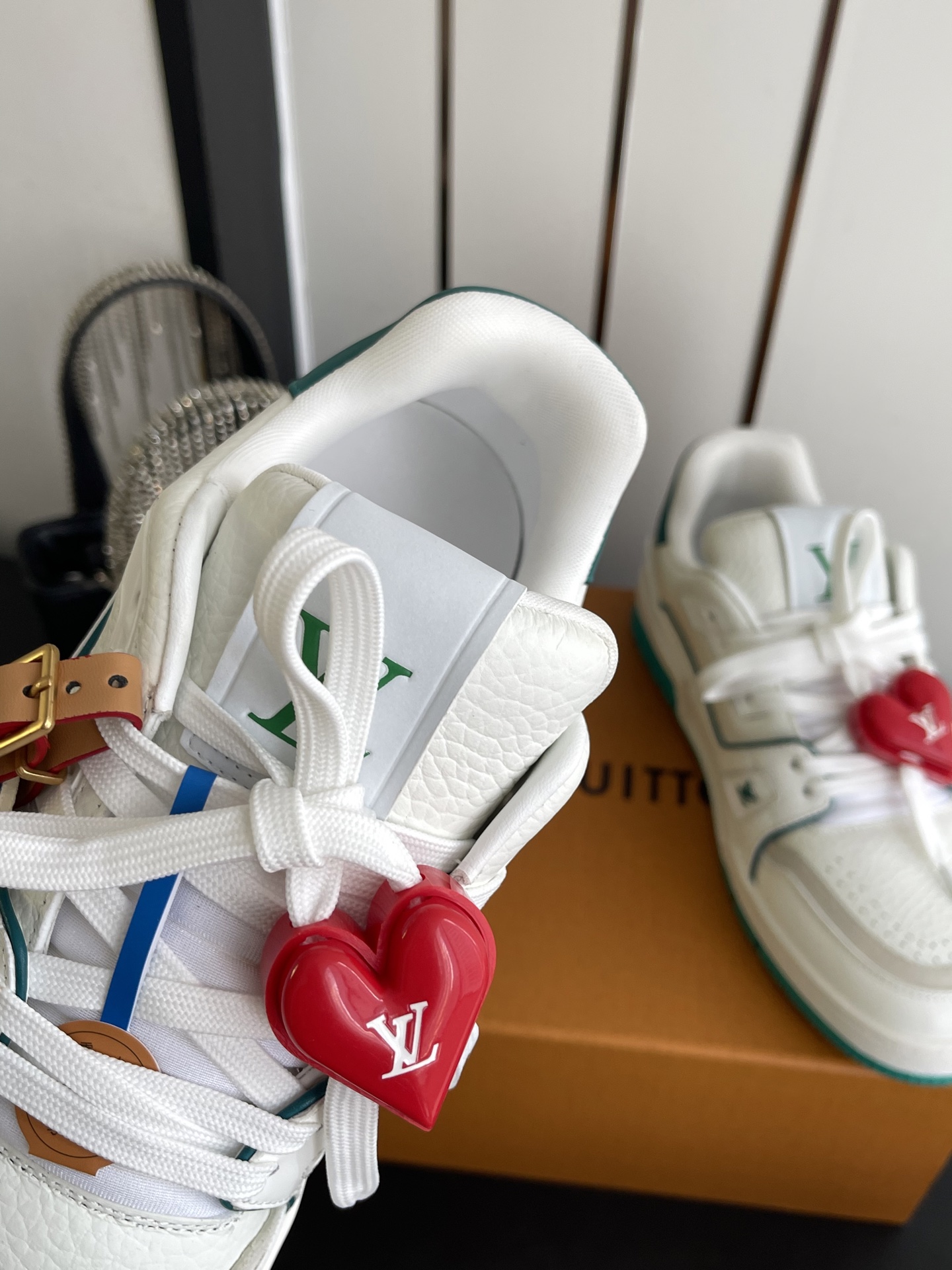 LV Trainer White Green Leather Low Top Sneakers