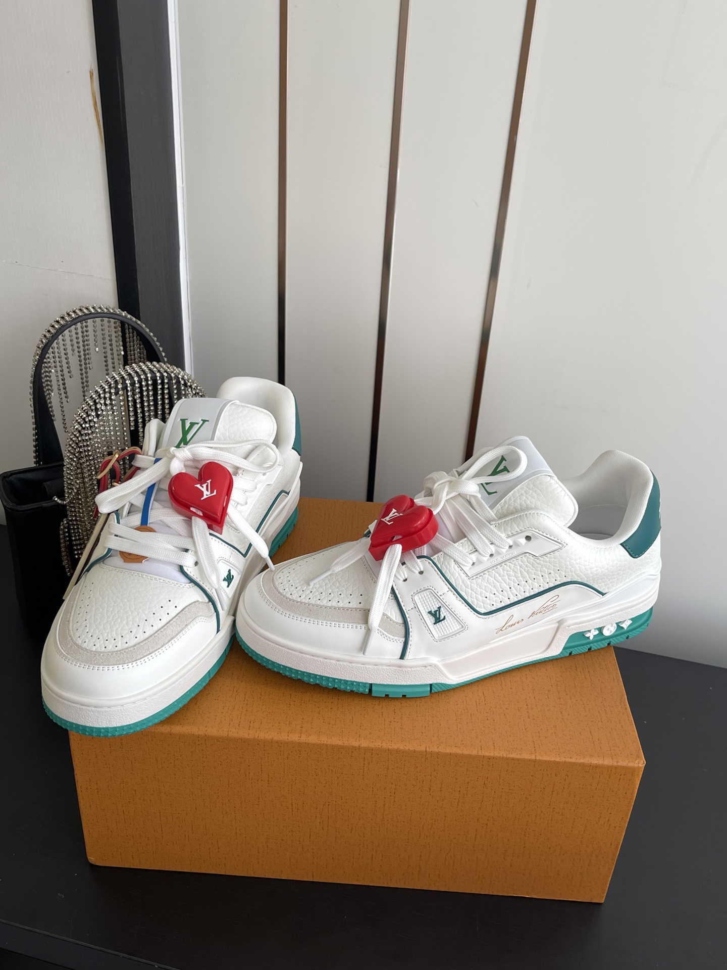 LV Trainer White Green Leather Low Top Sneakers