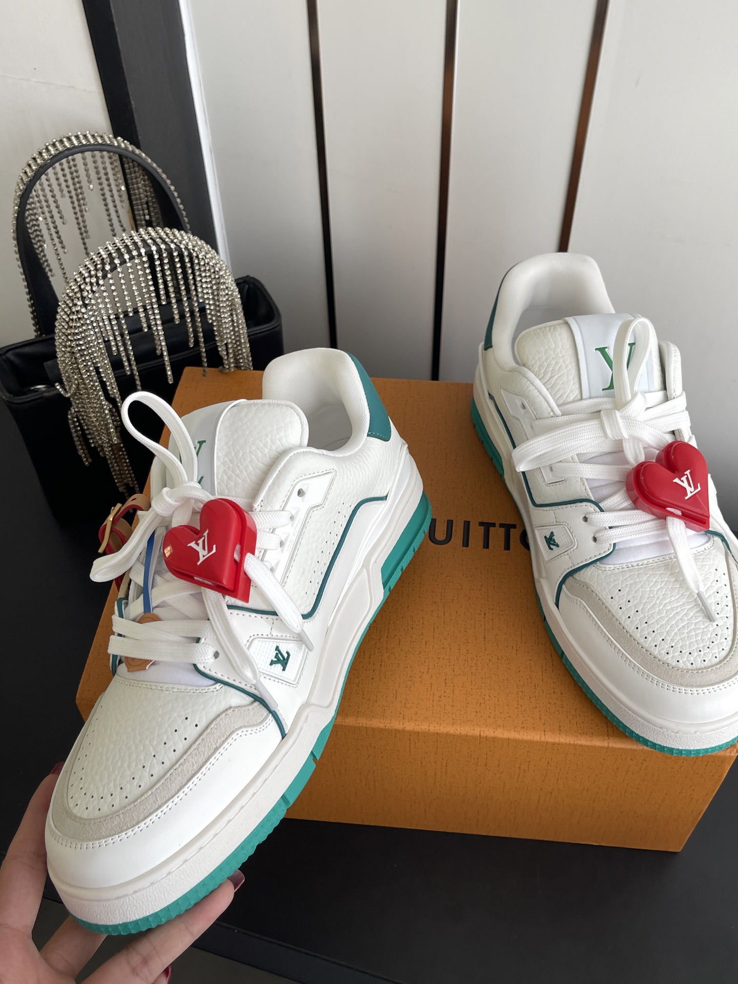 LV Trainer White Green Leather Low Top Sneakers