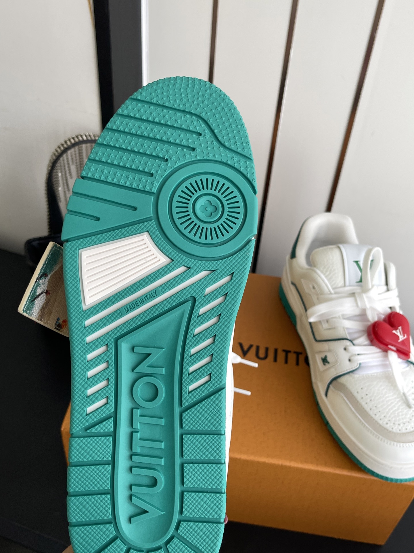 LV Trainer White Green Leather Low Top Sneakers