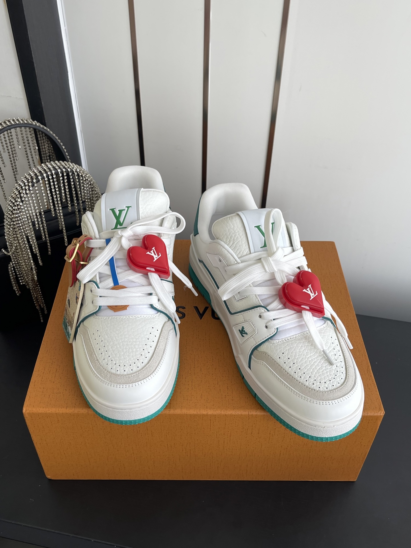 LV Trainer White Green Leather Low Top Sneakers