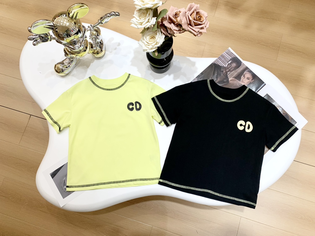 Dior Clothing Kids Clothes T-Shirt Black Yellow Printing Kids Boy Girl Spring Collection Short Sleeve