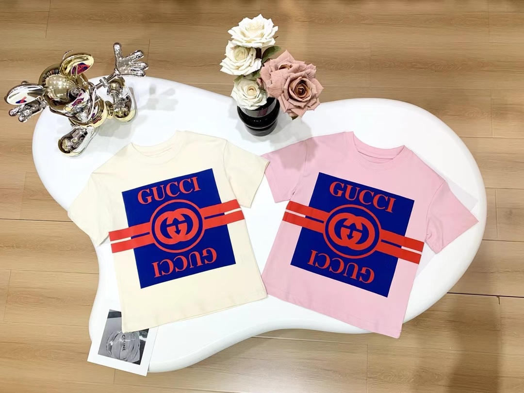 Gucci Kleding Voor Kinderen T-Shirt Roze Geel Afdrukken Kinderen Jongen Meisje Lentecollectie Korte mouw