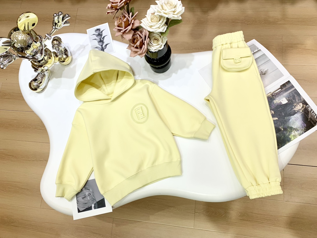 Fendi Clothing Hoodies Kids Clothes Two Piece Outfits & Matching Sets Black Yellow Kids Boy Girl Fall Collection Hooded Top