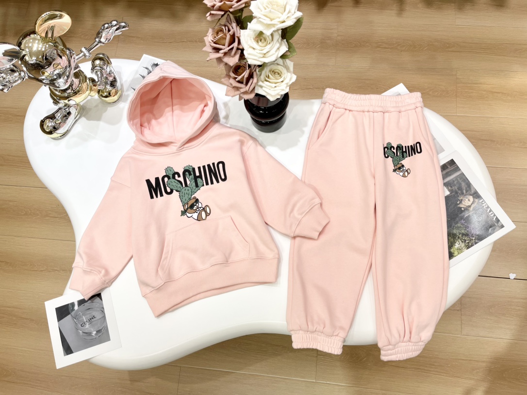 Moschino Clothing Hoodies Kids Clothes Two Piece Outfits & Matching Sets Pink White Printing Kids Boy Girl Fall Collection Hooded Top