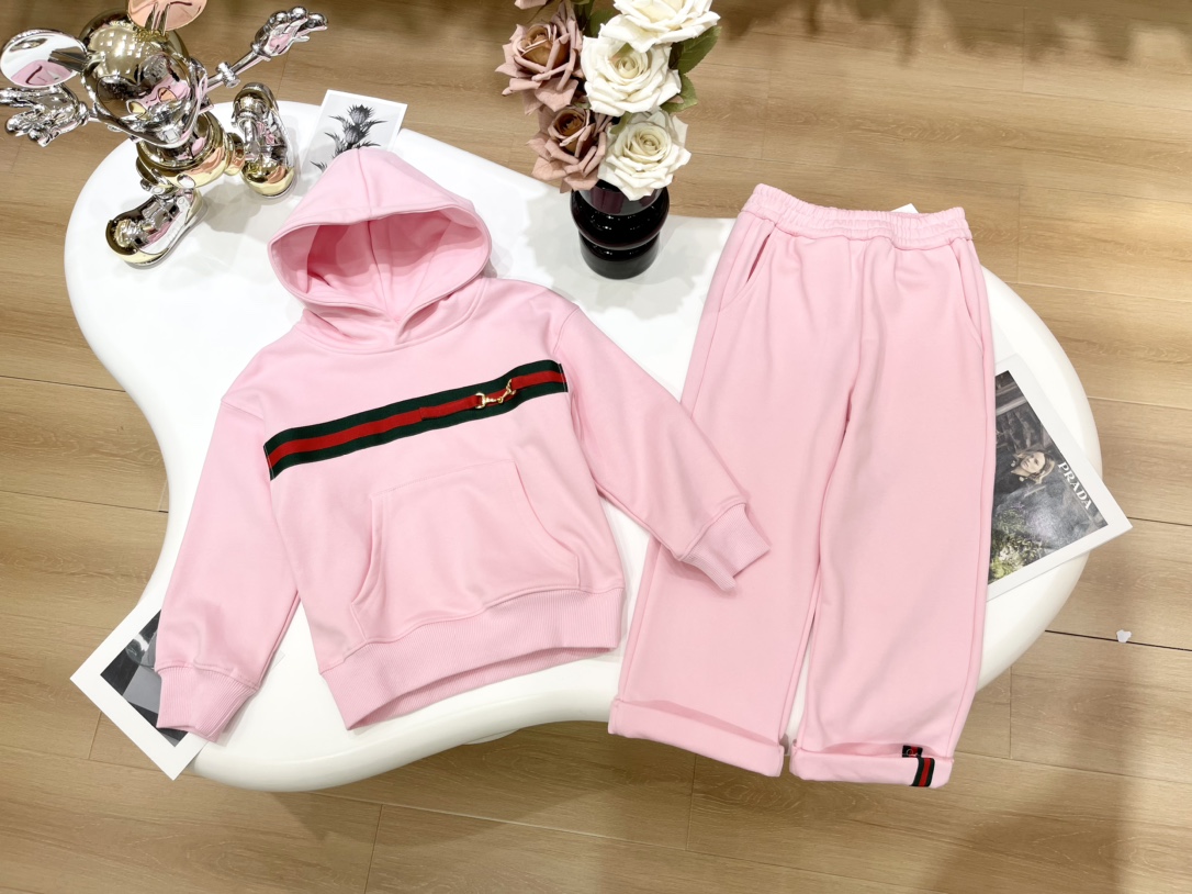 Gucci Store
 Clothing Hoodies Kids Clothes Two Piece Outfits & Matching Sets Grey Pink Splicing Kids Boy Girl Fall Collection Hooded Top