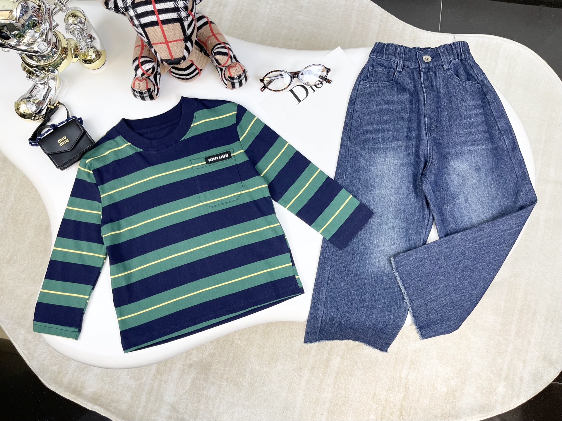 Miu Miu Kids' Striped Long Sleeve T-Shirt & Denim Pants Set