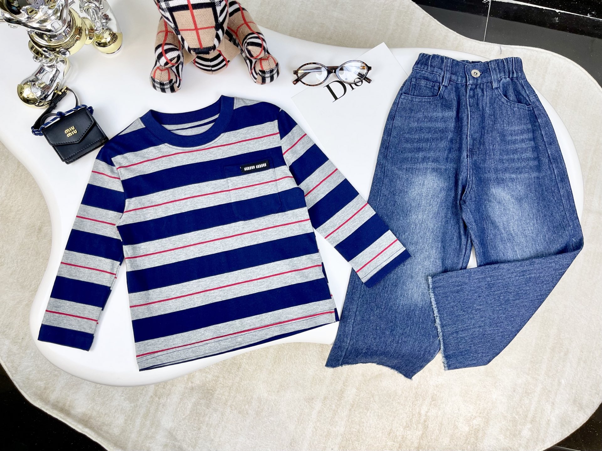 Miu Miu Kids' Striped Long Sleeve T-Shirt & Denim Jeans Outfit Set
