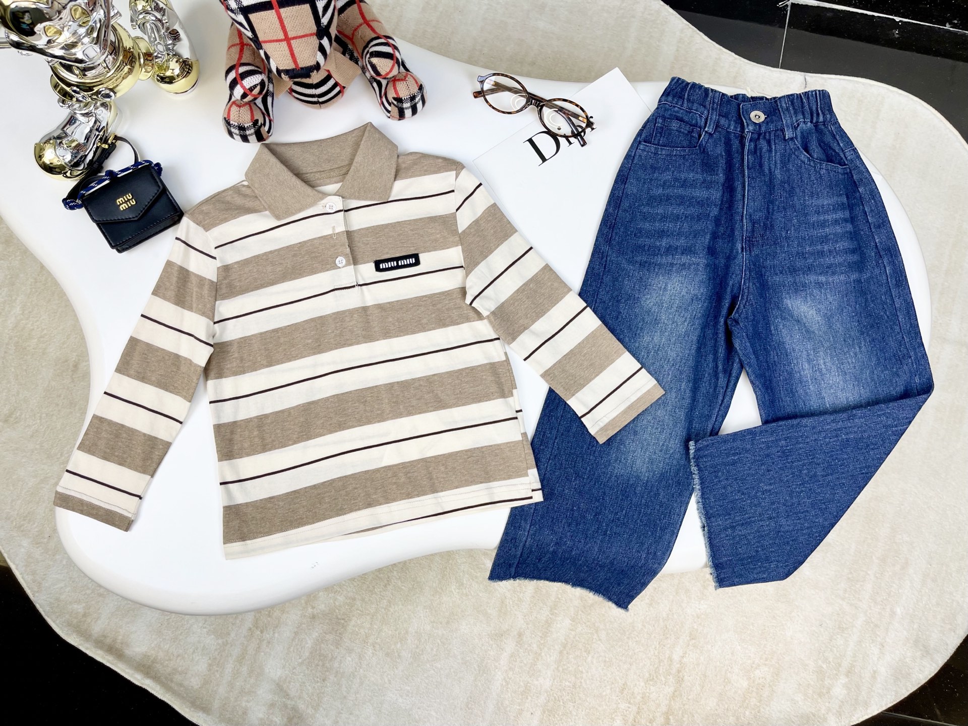Miu Miu Kids' Striped Long Sleeve Polo Shirt and Jeans Set - Unisex Design