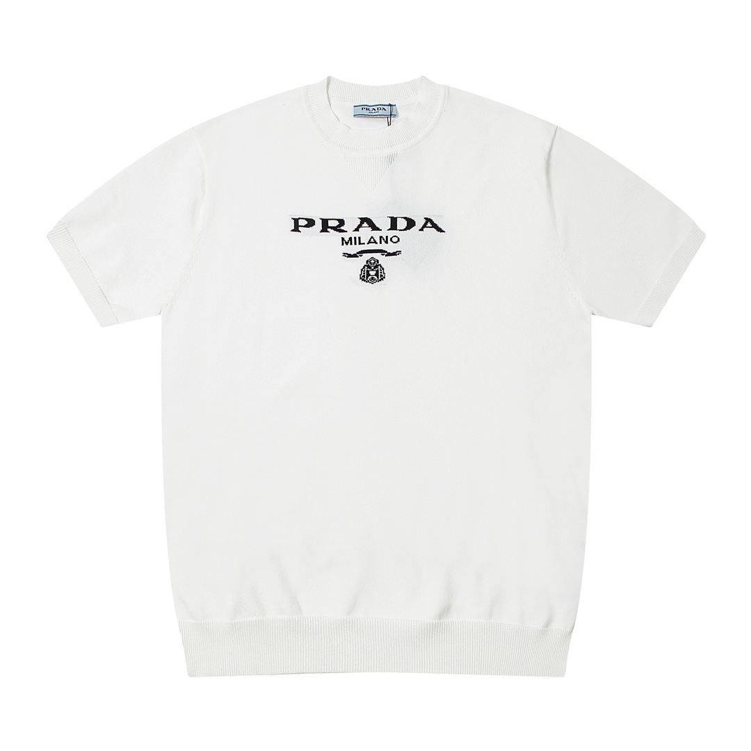 AAA
 Prada Clothing T-Shirt Black White Combed Cotton Knitting