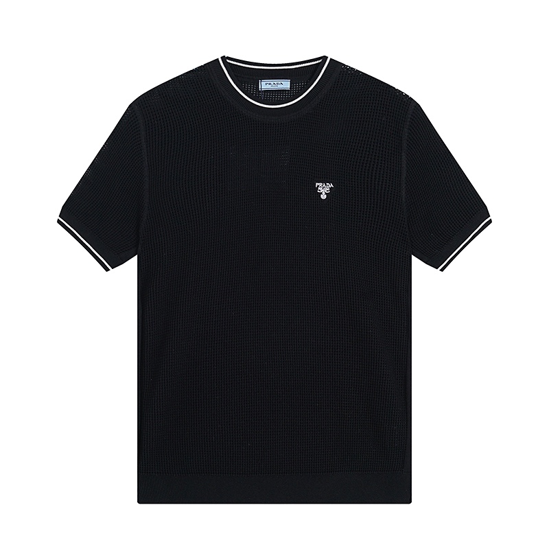 Prada Clothing T-Shirt Black Blue White Embroidery Unisex Cotton Knitted Knitting Spring/Summer Collection Fashion Short Sleeve