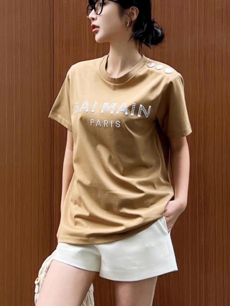 High-End Women’s Clothing: Balma’s Explosive Button T-Shirt with Diamond-Driven Shoulder - 图片 2