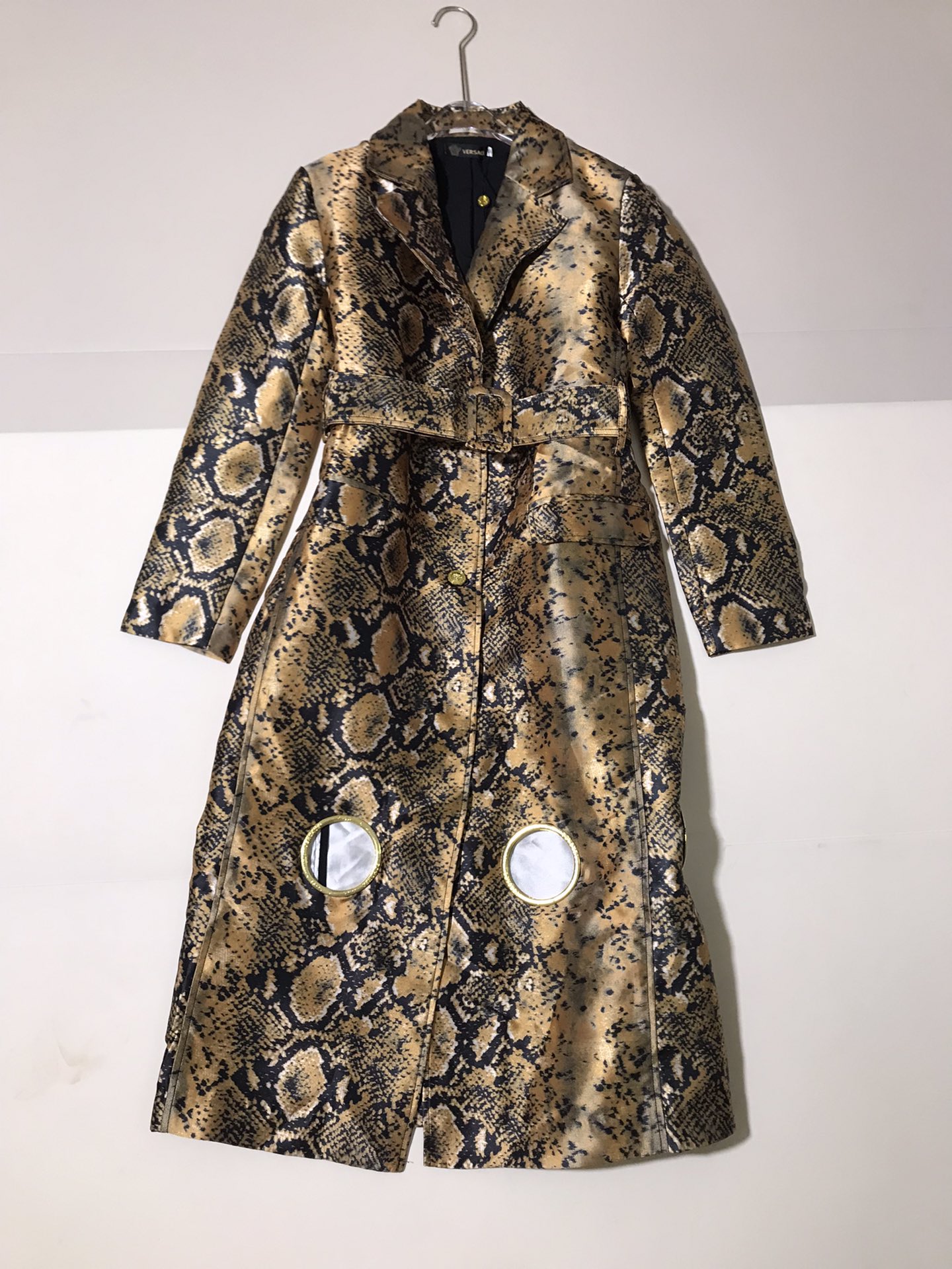 “Versace Women’s Suit with Metal Circles and Belts, High-Quality Packaging Included”