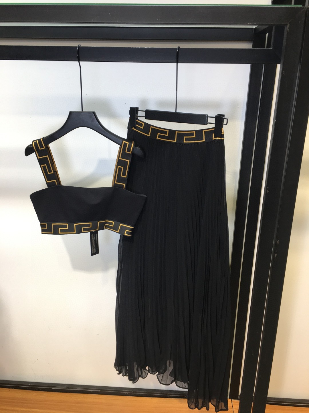 Versace women's Greek key trim Medusa metal buckle camisole and pleated skirt set, sizes S M L XL.-Big cat