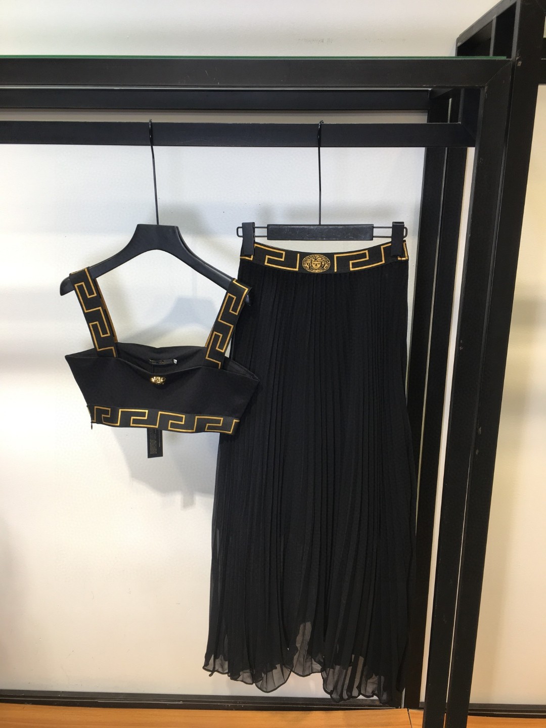 Versace women's Greek key trim Medusa metal buckle camisole and pleated skirt set, sizes S M L XL.-Big cat