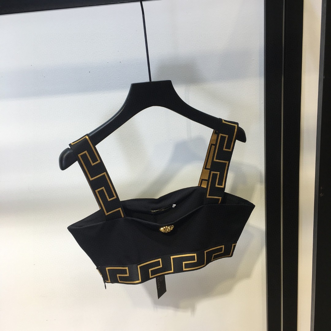 Versace women's Greek key trim Medusa metal buckle camisole and pleated skirt set, sizes S M L XL.-Big cat