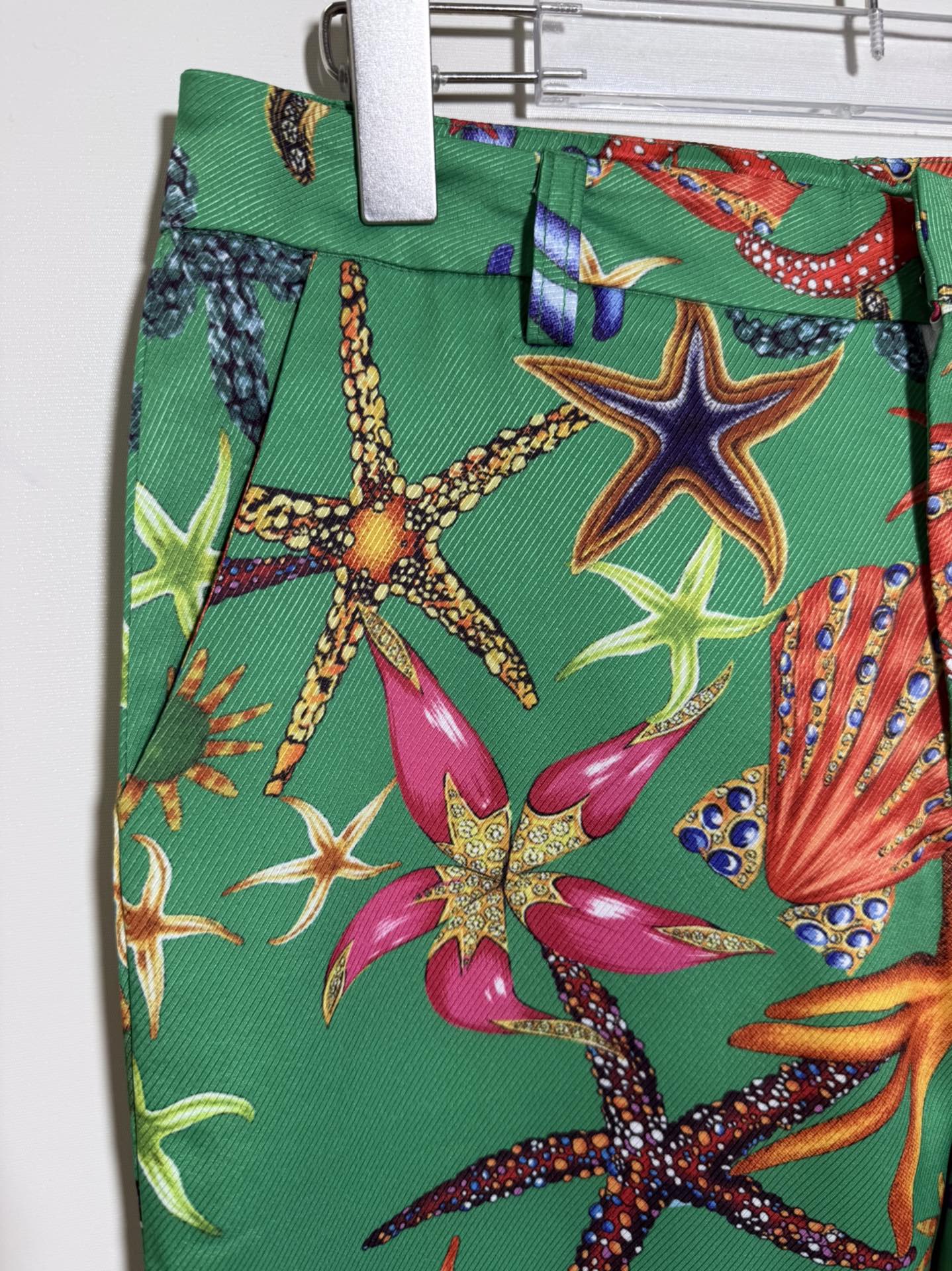 Versace women's green ocean star print high-waist slim-fit pants. Sizes S,M,L,XL.-Big cat