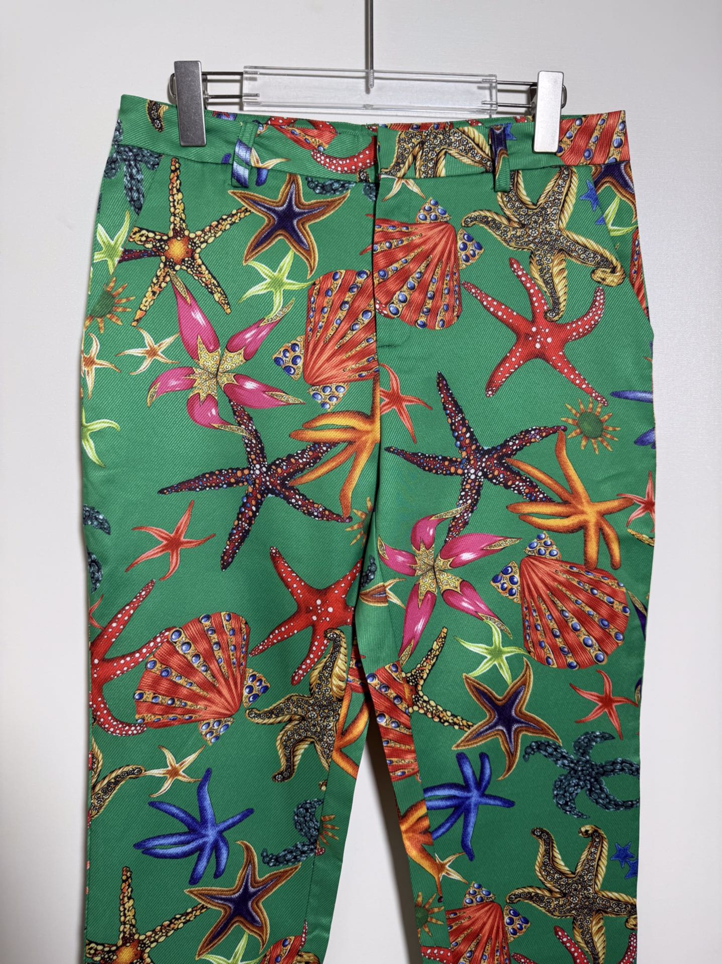 Versace women's green ocean star print high-waist slim-fit pants. Sizes S,M,L,XL.-Big cat