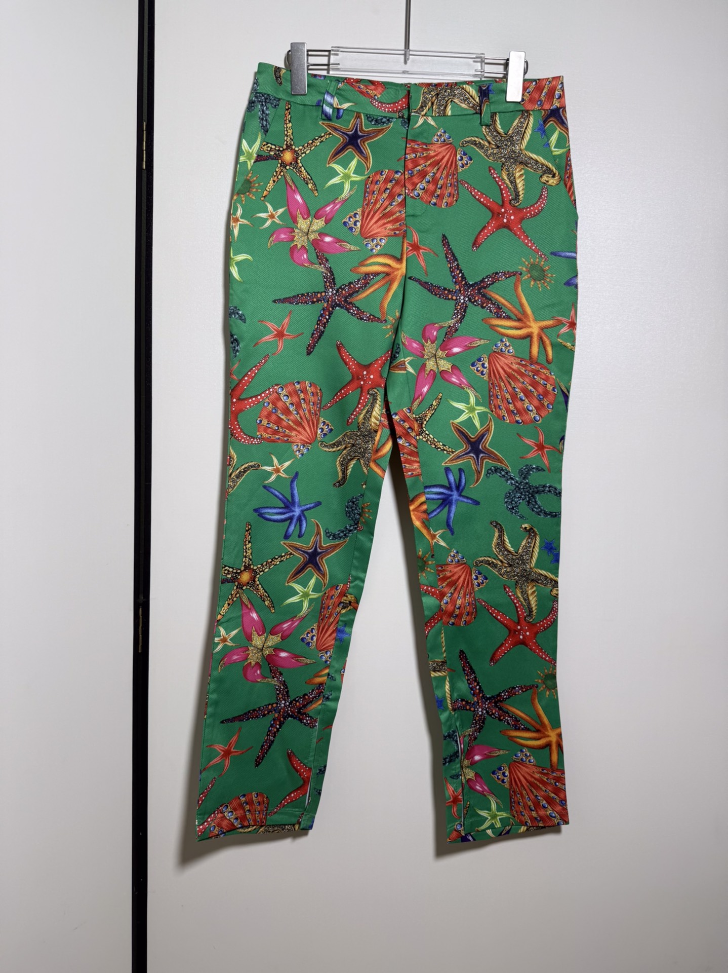 Versace women's green ocean star print high-waist slim-fit pants. Sizes S,M,L,XL.-Big cat