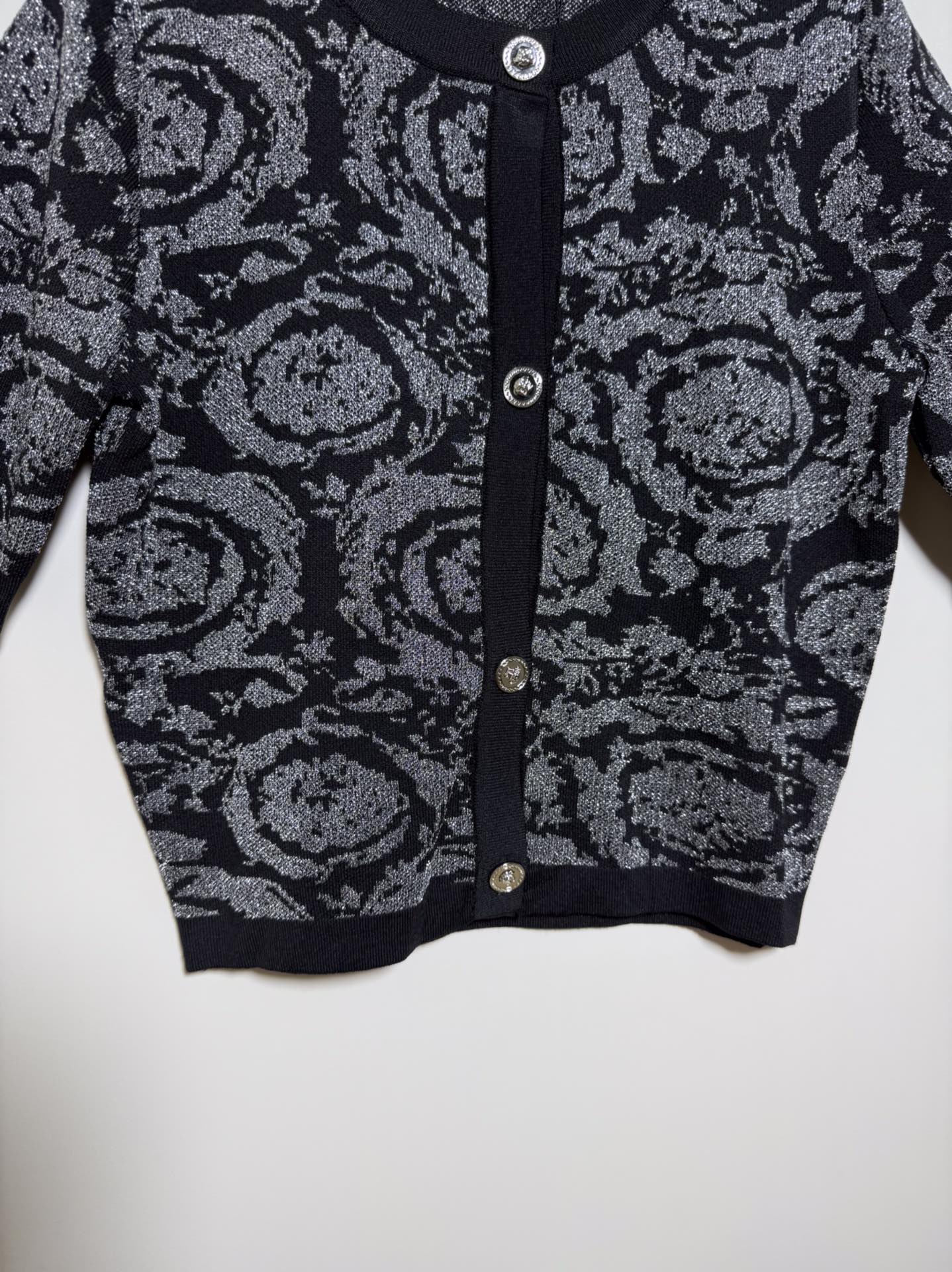 Versace black short sleeve knit cardigan with color block print and shimmer.-Big cat