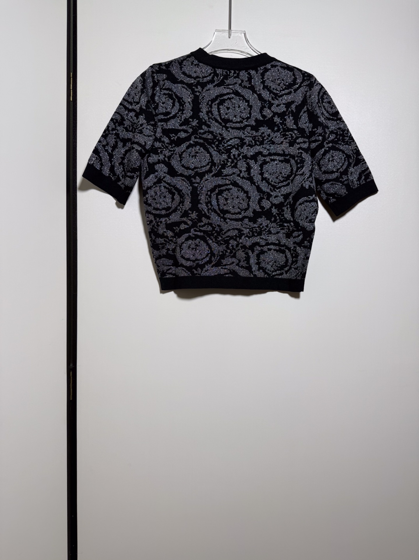 Versace black short sleeve knit cardigan with color block print and shimmer.-Big cat