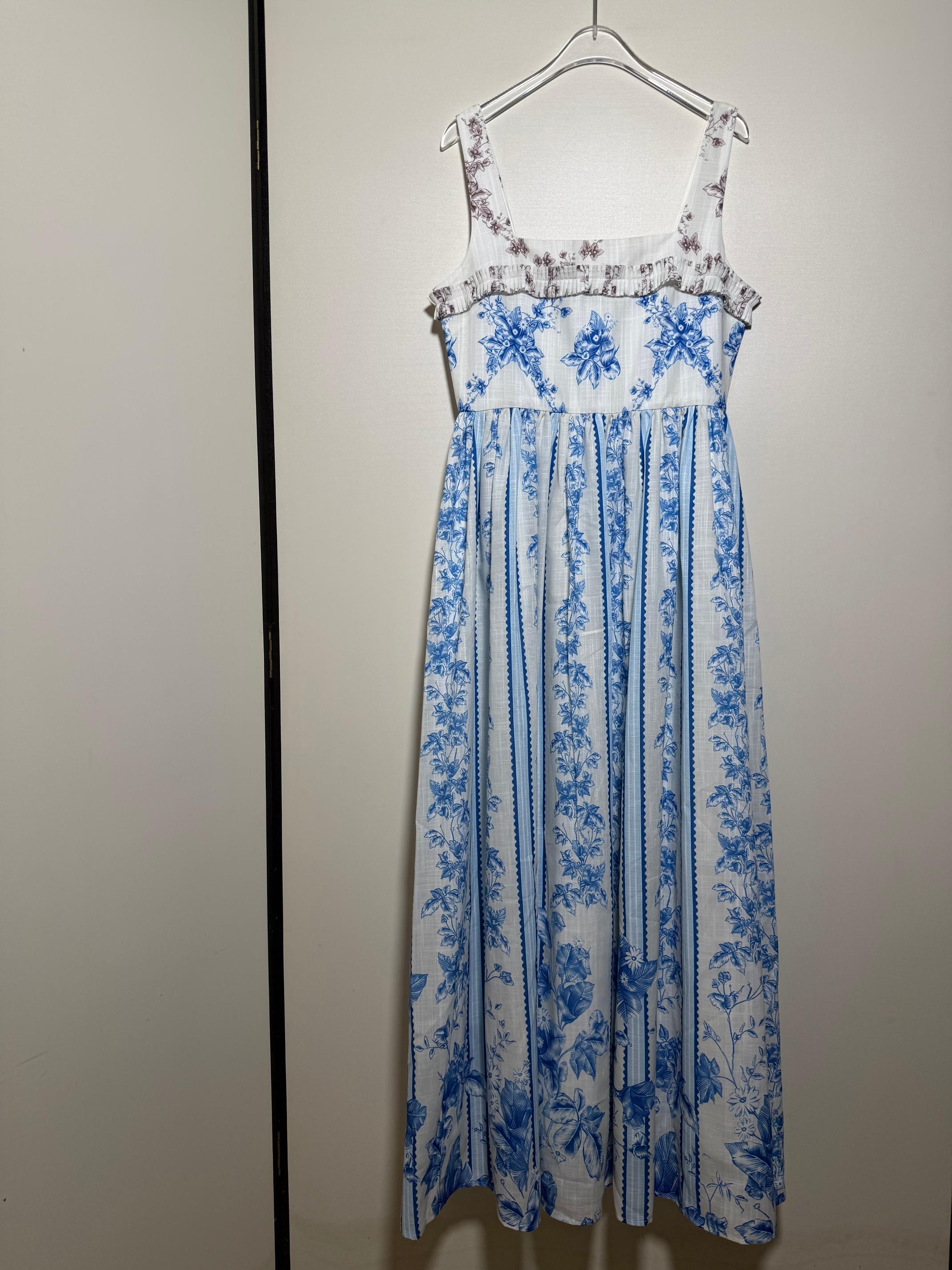 NO:866570,AGU* French style retro holiday style long dress with blue floral print and ear-shaped square collar linen suspender dress.SMLXL, women's clothing, skirts,19860909AGU*法式风复古度假风长裙蓝色花卉印花打揽木耳边方领亚麻吊带连衣裙.SMLXL,女装,skirts,,Women's clothing