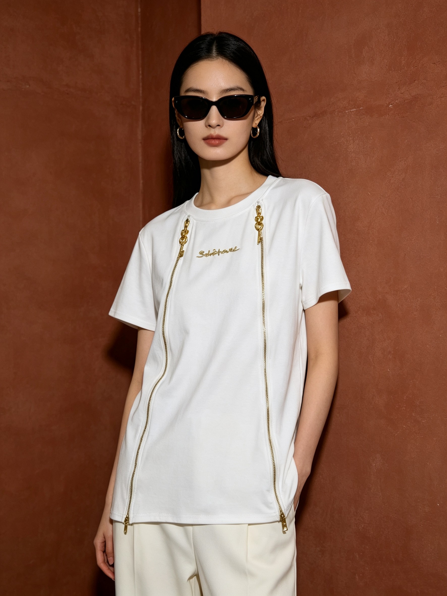 NO:903832,New heavy industry gold thread embroidered letter logo zipper decoration round neck short-sleeved T-shirt.SMLXL,,T-shirt,tees,t-shirt,19860909新款重工金线刺绣字母标志拉链装饰圆领短袖T恤.SMLXL,,T-shirt,tees，t-shirt,,Women's clothing