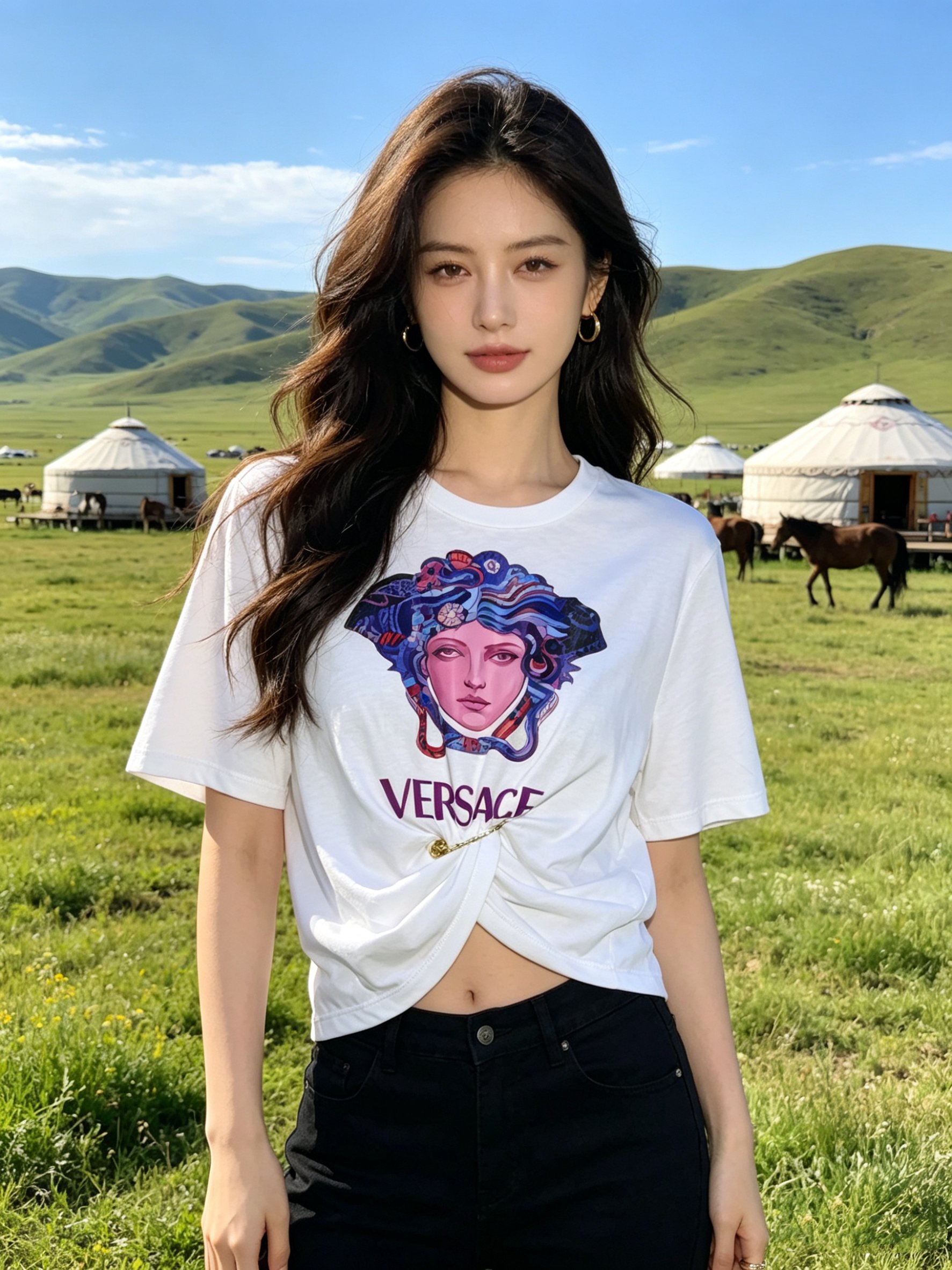 NO:911306,VERS**E/Fan*zhe Hot Series Women's Logo Medusa Head Baroque Print Pin Knot Pleat Casual Short Sleeve Embellished Waist T-shirt .SMLXL,,versace,T-shirt,tees,t-shirt,19860909VERS**E/范*哲 爆款系列 女士标志美杜莎头像 巴洛克印花别针结饰褶裥休闲短袖缀饰露腰T恤 .SMLXL,,versace,T-shirt,tees，t-shirt,,Women's clothing