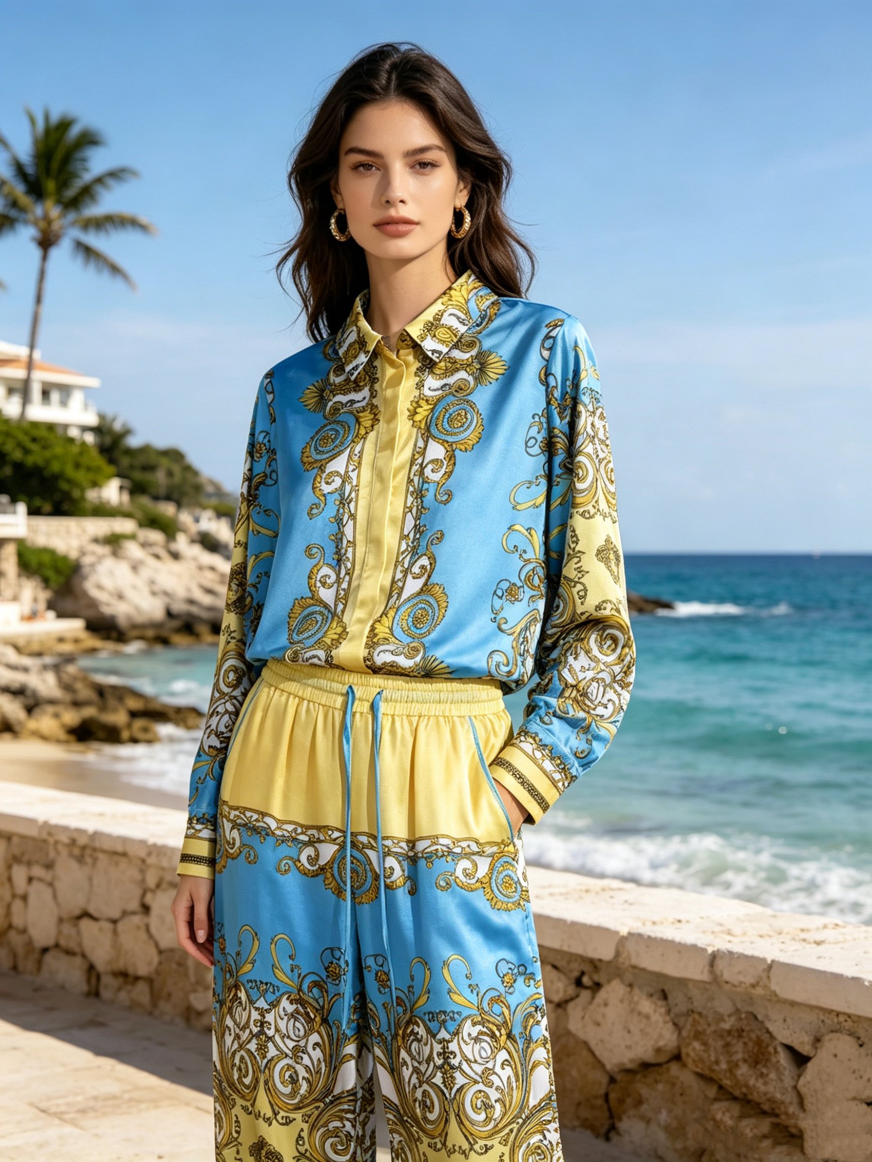 NO:925199,Suit VERS**E/Van*Zhe popular series Baroque Medusa head printed lapel long-sleeved shirt casual trousers suit two-piece set.SMLXL,,versace,shirts,19860909套装VERS**E/范*哲爆款系列 巴洛克美杜莎头像印花翻领长袖衬衫休闲长裤 套装两件套.SMLXL,,versace,shirts,,Women's clothing