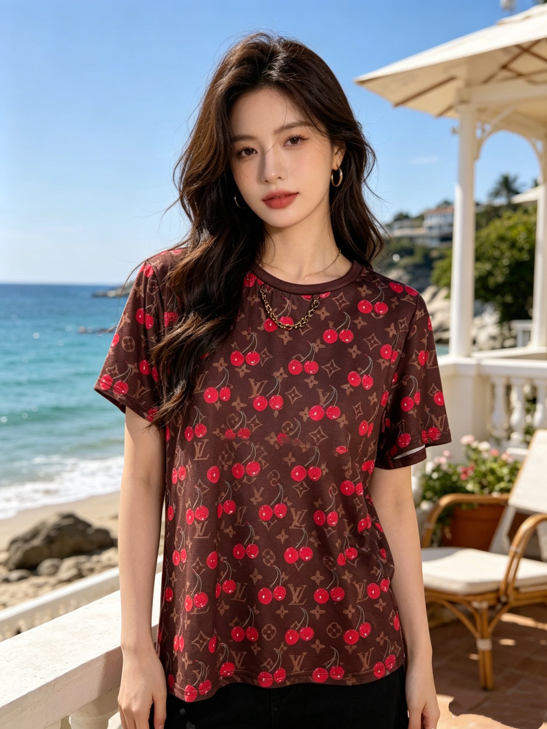 NO:925203,LOU*S VUI* new cherry chain round neck short-sleeved presbyopia printed T-shirt.SMLXL,,T-shirt,tees,t-shirt,19860909LOU*S VUI*新款 樱桃链条 圆领短袖老花印花T恤.SMLXL,,T-shirt,tees，t-shirt,,Women's clothing